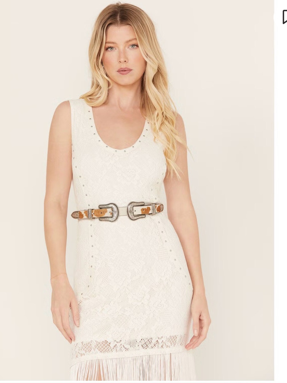 Idyllwind White Lace Midi Dress with Fringe Hem and Stud Detail